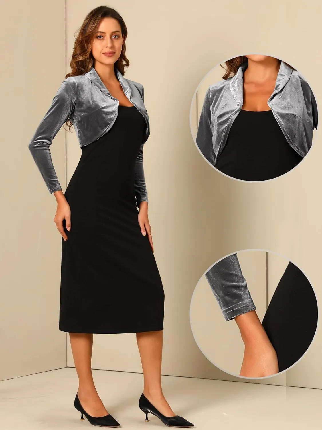 Allegra K Long Sleeve Shrug Top for Women's Lapel Collar Velvet Christmas Open Front Cropped Cardigan