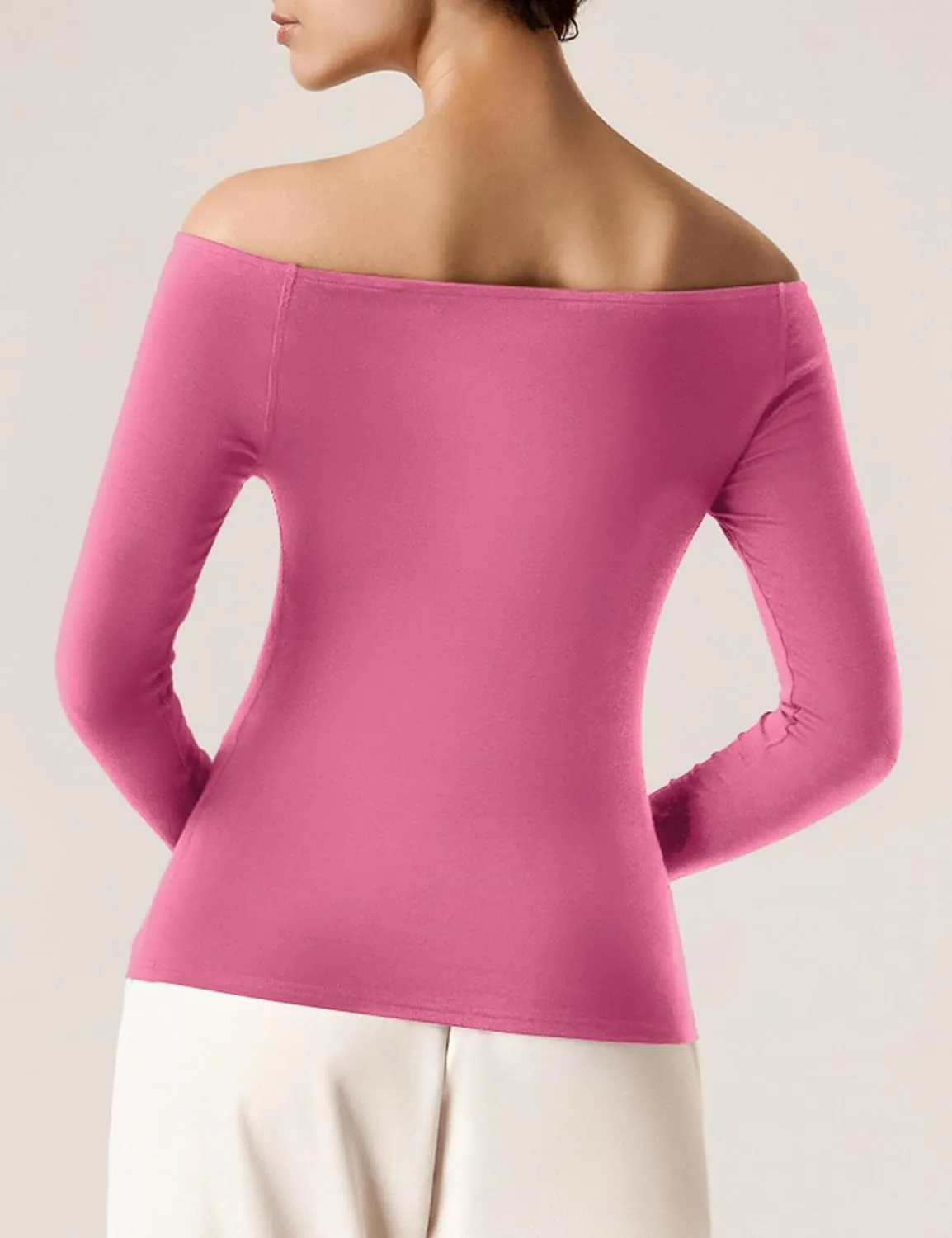 Amoretu Women's Long Sleeve Slim Fit T Shirts Sexy Off Shoulder Boat Neck Tops Basic Tees