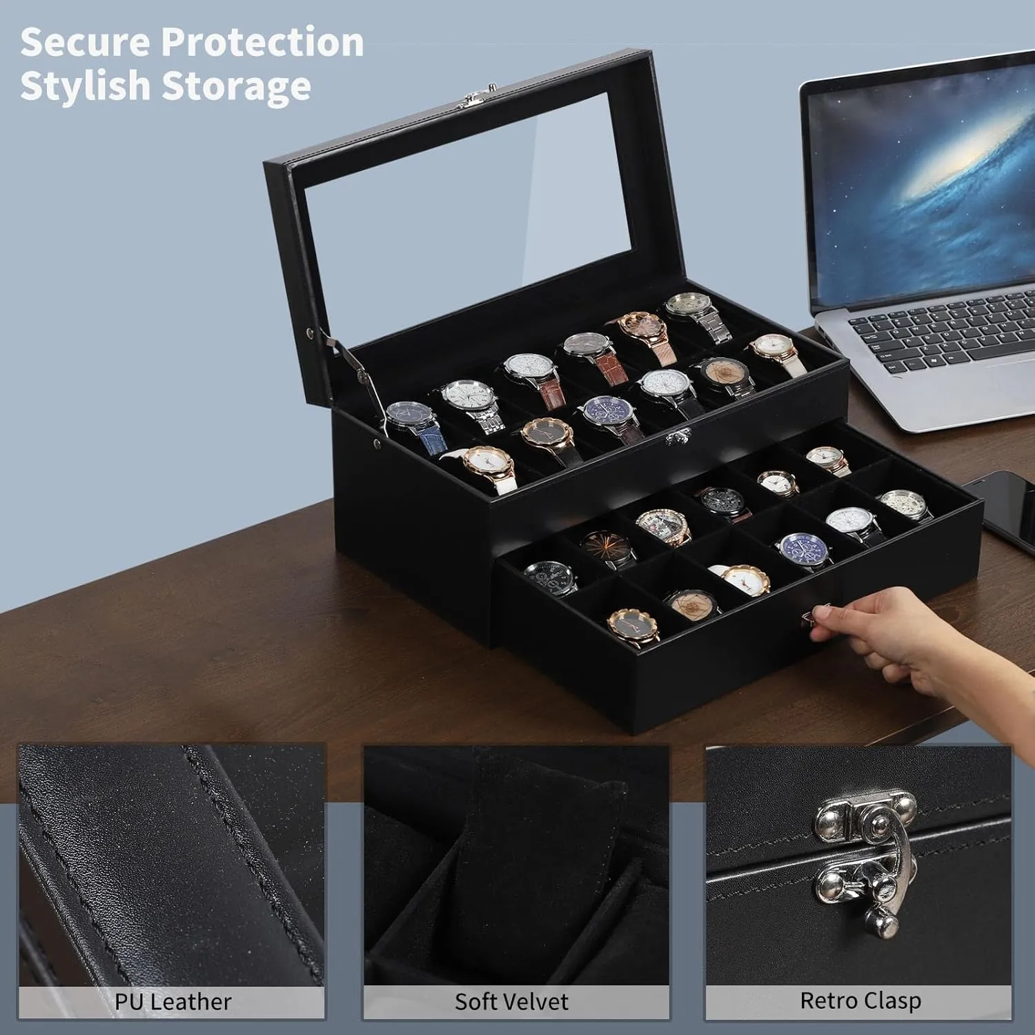 AUTOARK Leather & Velvet 24 Watch Box Glass Top Jewelry Display Drawer Lockable Case Organizer,Removable Black Watch Pillows,Black,MKAW035