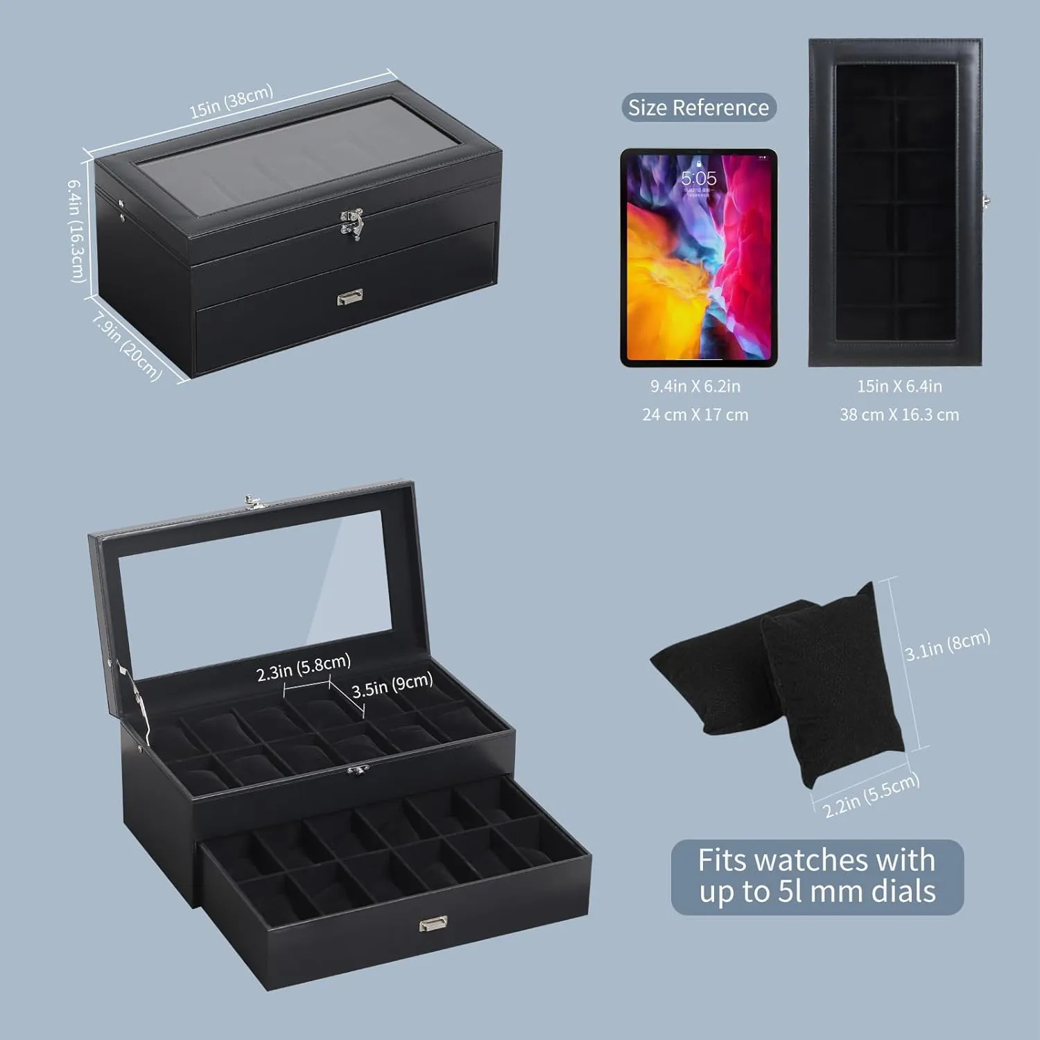 AUTOARK Leather & Velvet 24 Watch Box Glass Top Jewelry Display Drawer Lockable Case Organizer,Removable Black Watch Pillows,Black,MKAW035