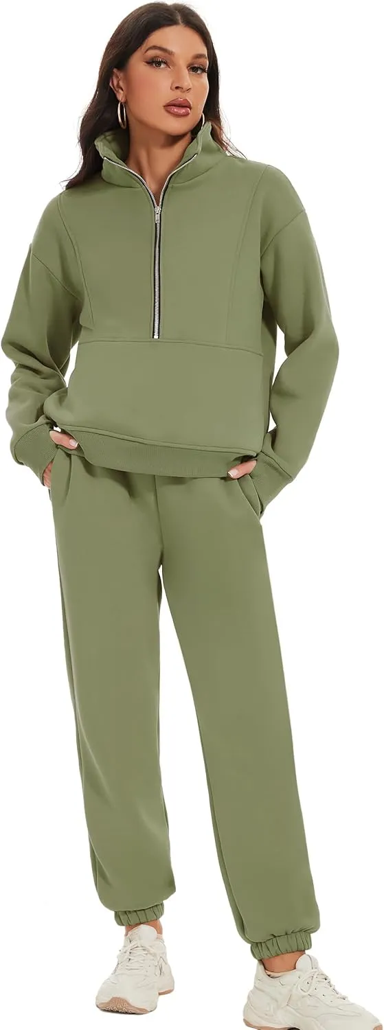 COZYPOIN Women's Sweatsuit Sets 2 Piece Fleece Outfit Half Zip Sweatshirt and Joggers Pants Tracksuit