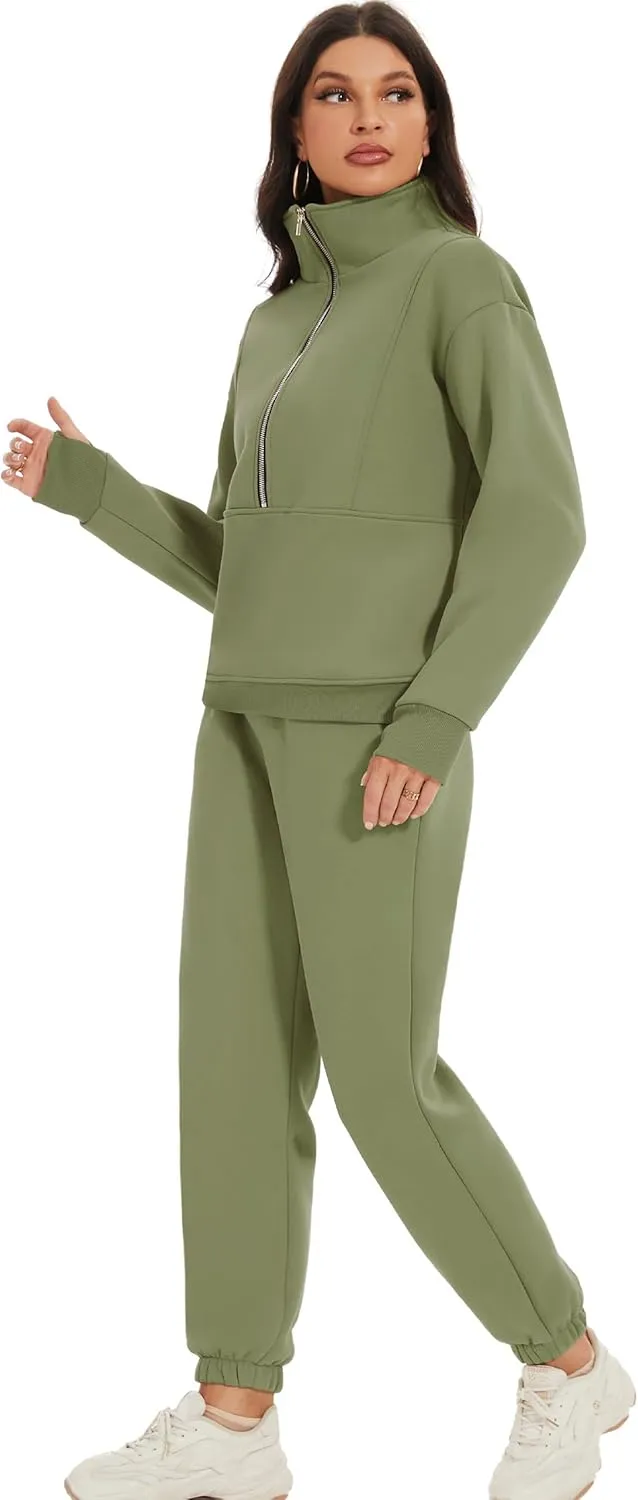 COZYPOIN Women's Sweatsuit Sets 2 Piece Fleece Outfit Half Zip Sweatshirt and Joggers Pants Tracksuit