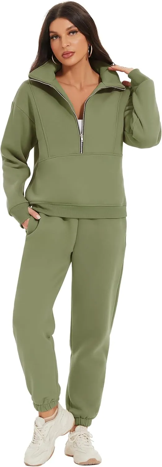 COZYPOIN Women's Sweatsuit Sets 2 Piece Fleece Outfit Half Zip Sweatshirt and Joggers Pants Tracksuit