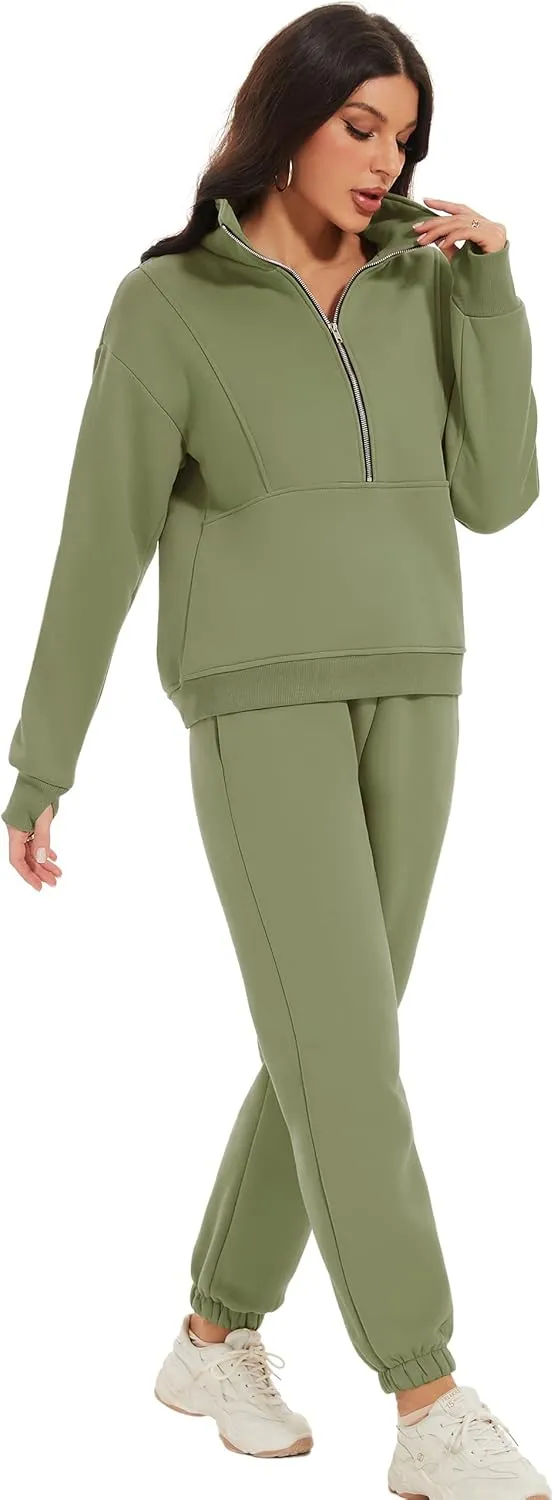 COZYPOIN Women's Sweatsuit Sets 2 Piece Fleece Outfit Half Zip Sweatshirt and Joggers Pants Tracksuit