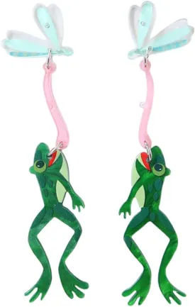 Creative Acrylic Frog Dangle Earrings for Women Lightweight Cute Summer Green Animal Eatting Insect Statement Drop Dangling Earrings Exaggerated Fun Halloween Theme Party Jewelry (Pest)
