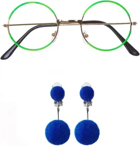 Fancheer Green Glasses with Blue Clip-on Earrings Round Metal No Lens Costume Accessories