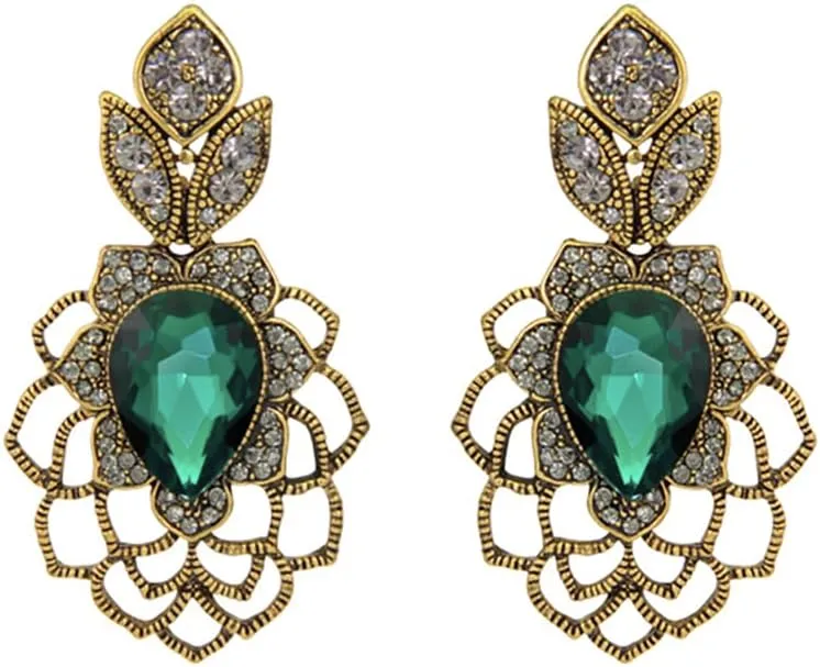 LARGE Art Deco Antique Vintage Retro Victorian Style Dark Hunter Forest Green Emerald Rhinestone Bridal Bridesmaid Wedding Drag Queen Prom Statement Dangle Earrings
