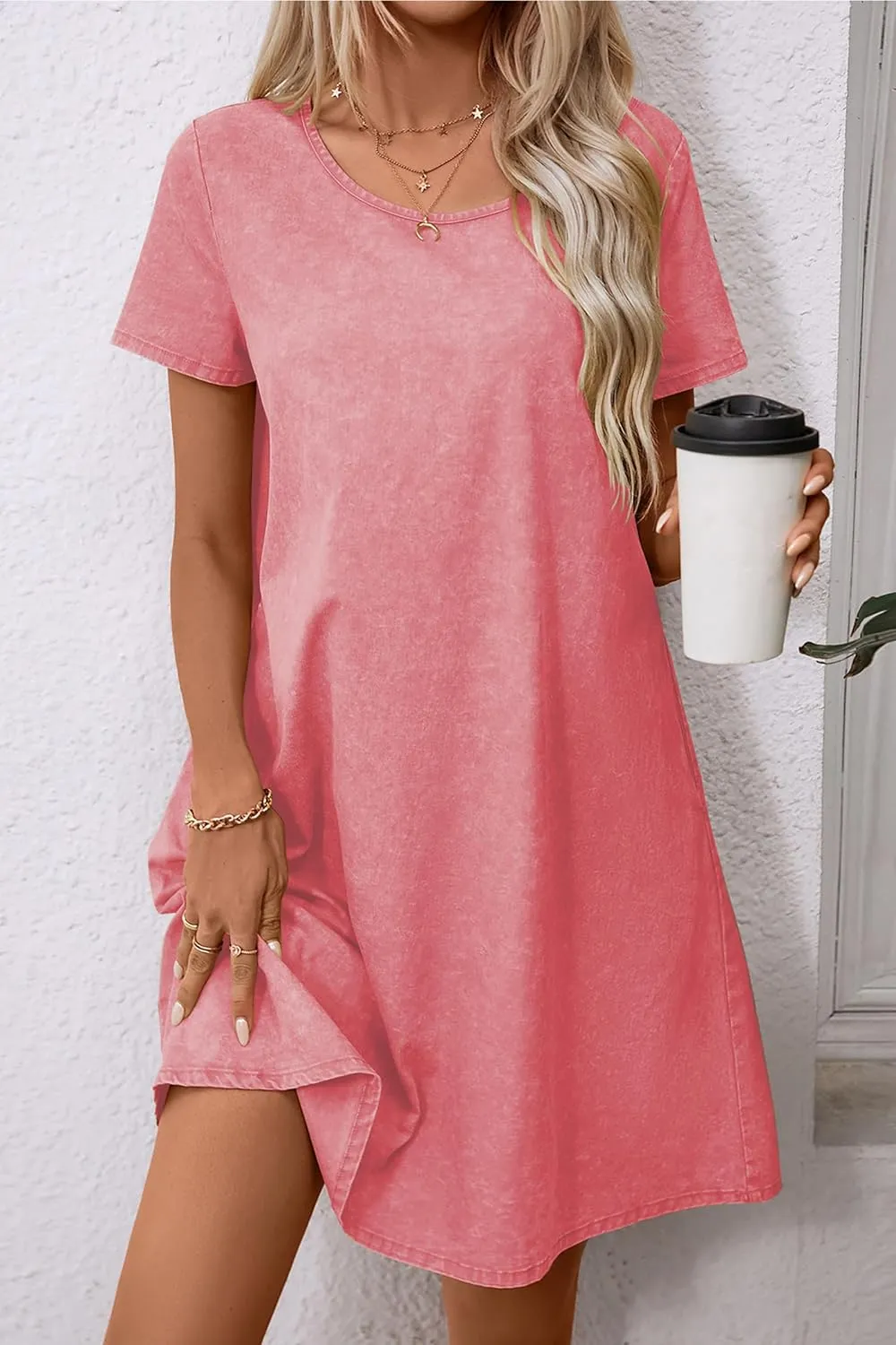 levaca Women Tshirt Dress 2024 Short Sleeve Woven Casual Summer Dress with Pockets