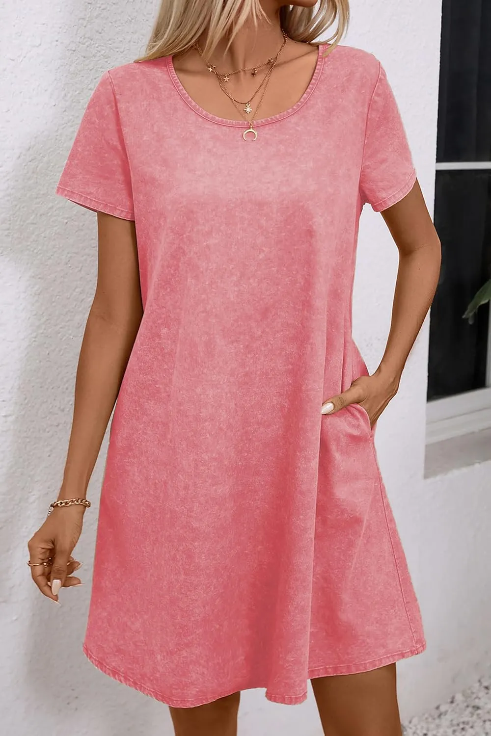 levaca Women Tshirt Dress 2024 Short Sleeve Woven Casual Summer Dress with Pockets