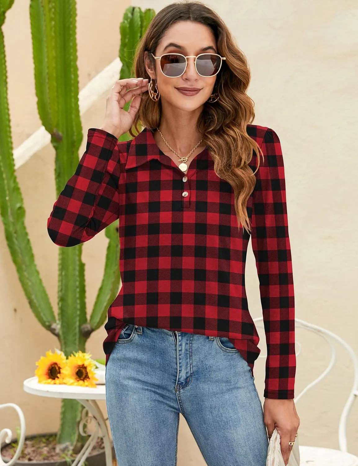LOMON Womens Polo Shirts Button Down Collared Long Sleeve Tops V Neck Loose Blouses