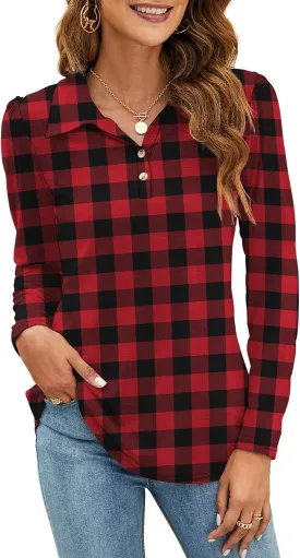 LOMON Womens Polo Shirts Button Down Collared Long Sleeve Tops V Neck Loose Blouses