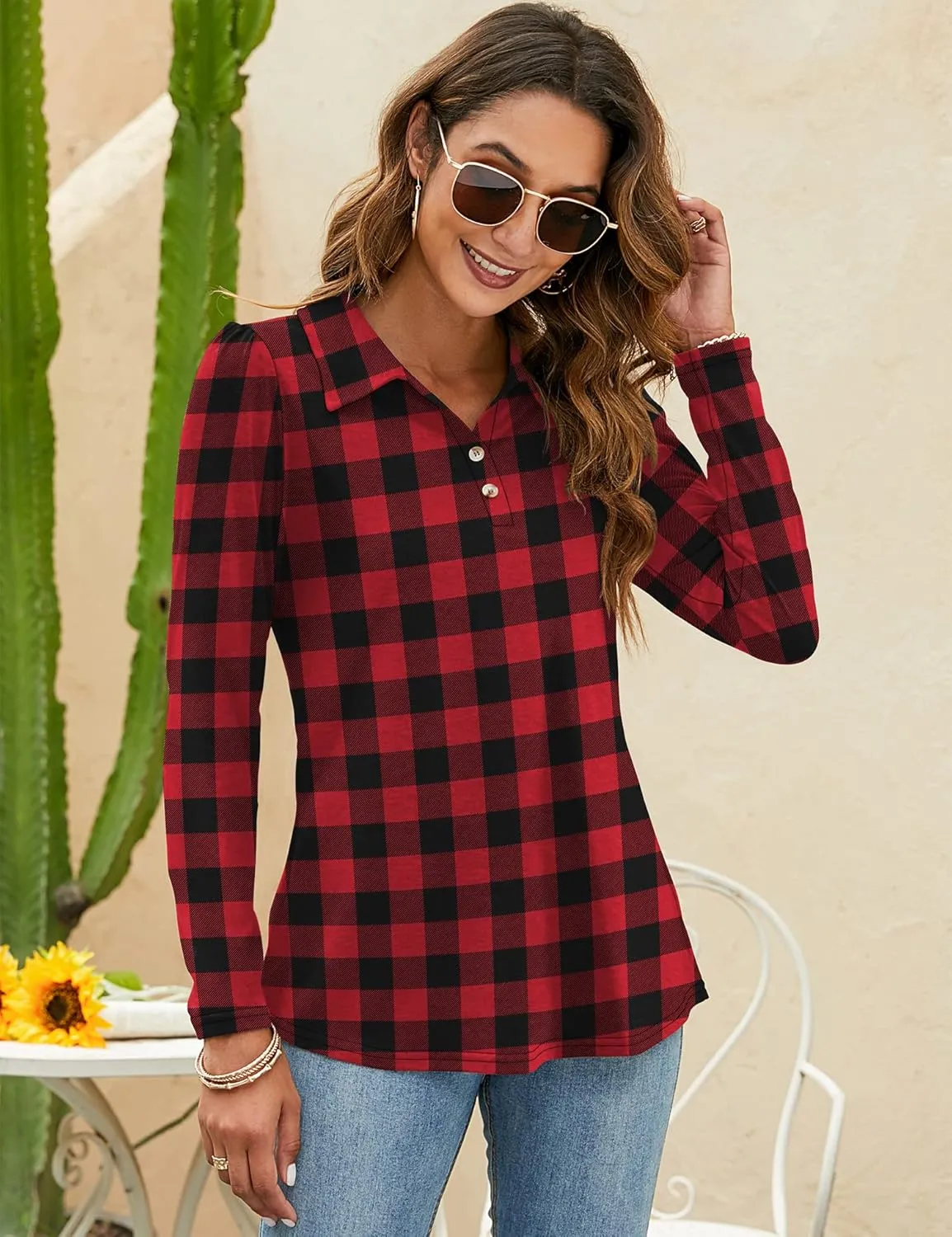 LOMON Womens Polo Shirts Button Down Collared Long Sleeve Tops V Neck Loose Blouses