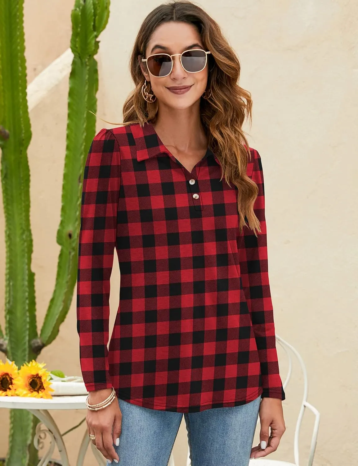 LOMON Womens Polo Shirts Button Down Collared Long Sleeve Tops V Neck Loose Blouses