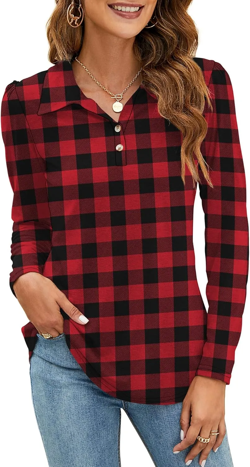 LOMON Womens Polo Shirts Button Down Collared Long Sleeve Tops V Neck Loose Blouses