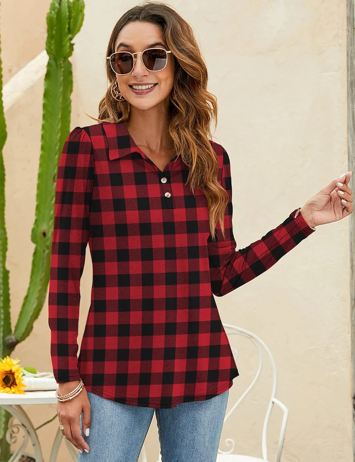 LOMON Womens Polo Shirts Button Down Collared Long Sleeve Tops V Neck Loose Blouses
