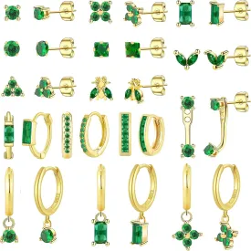 NEWITIN 15 Pairs Small Gold Stud Errings for Women Hypoallergenic Earring 14K Gold Plated Stainless Steel Inlaid Green Cubic Zirconia Earring Cartilage Stud Hoop Earrings Set