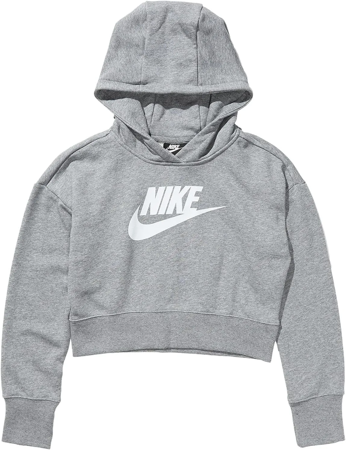 Nike Girl's Sportswear Club Fleece Crop Hoodie (Little Kids/Big Kids) Carbon Heather/White M (10-12 Big Kid)