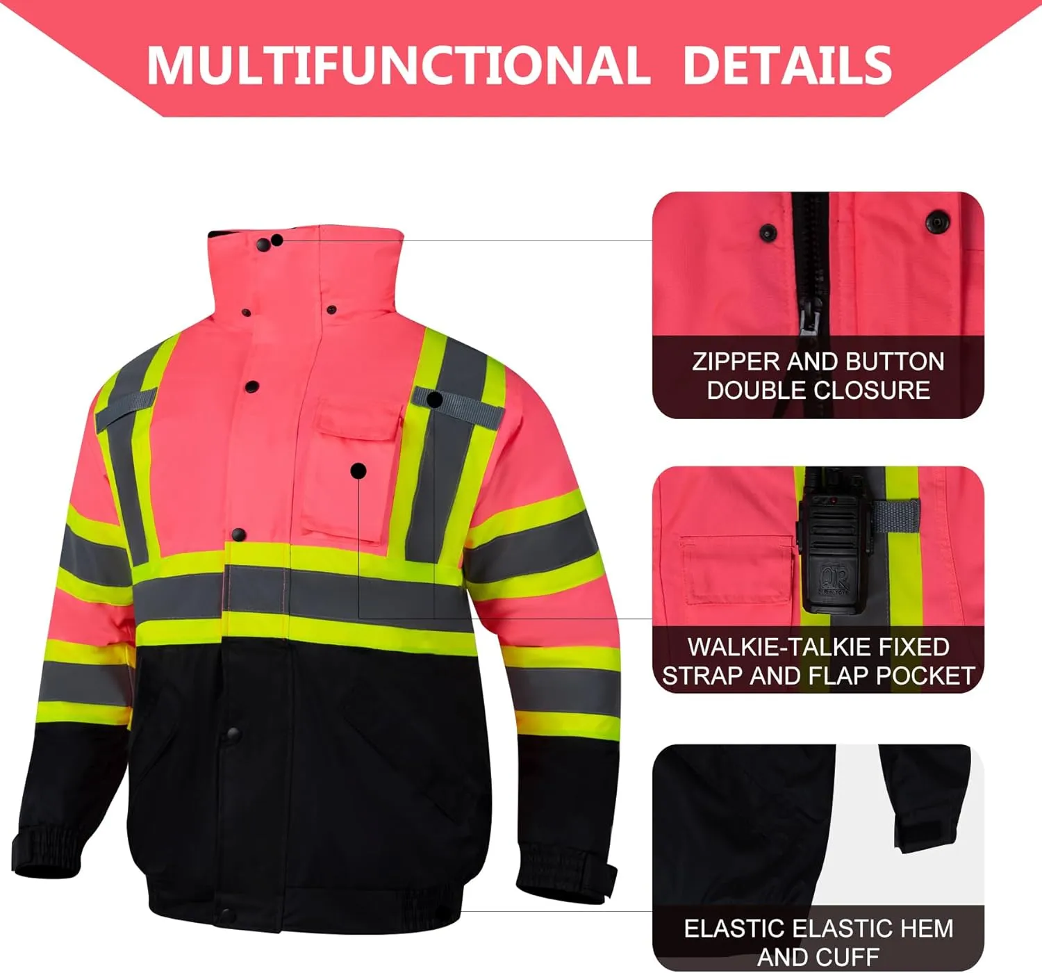 Safety Jackets for Women Reflective Hi Vis Winter Hoodie ANSI High Visibility Pink Construction Bomber Jacket