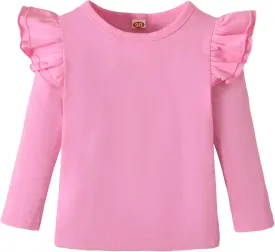 Toddler Baby Girl Solid Color T Shirt Kids Blouse Basic Plain Ruffle Top Cotton Casual Clothes