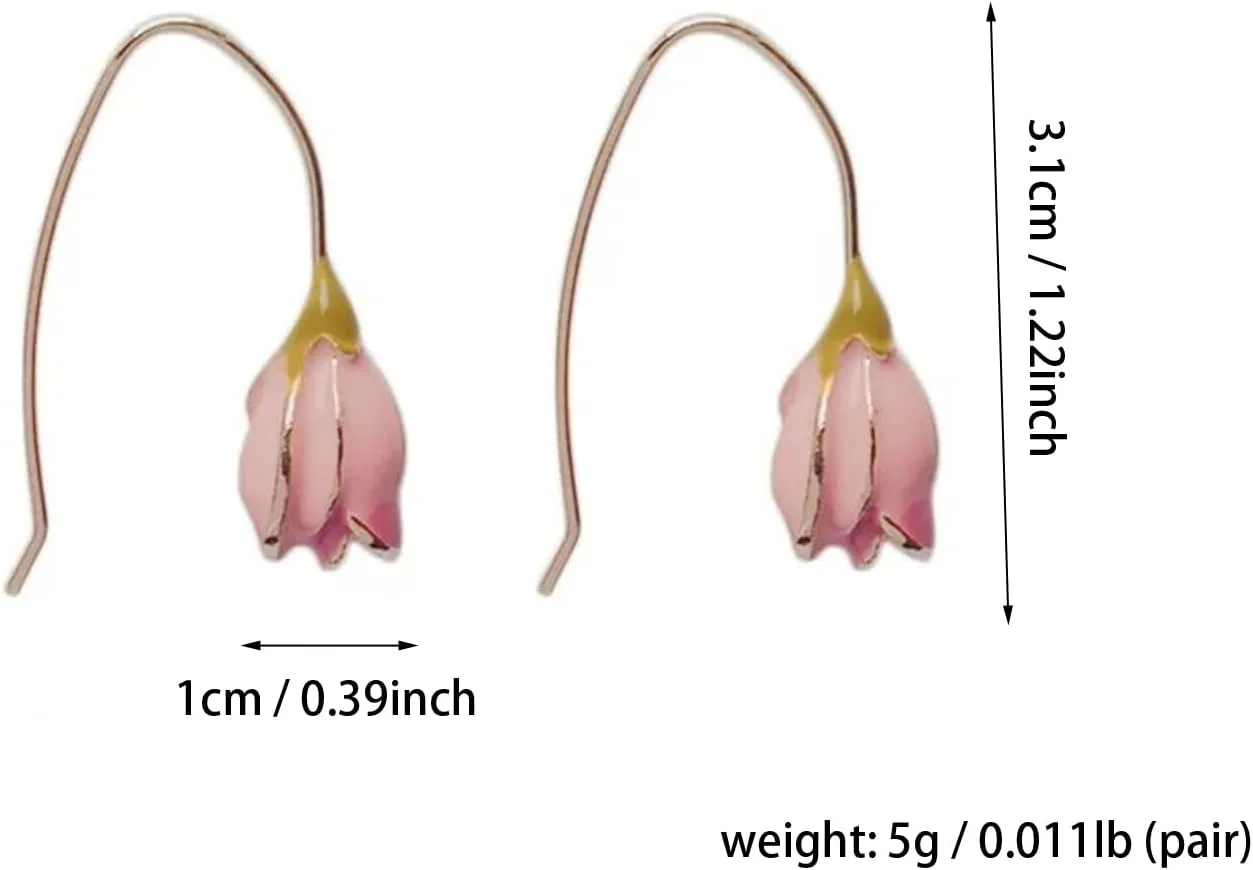 Vintage Pink Tulip Flower Earrings Tiny Dainty Rose Floret Bud Drop Dangle for Women Temperament Daily Jewelry