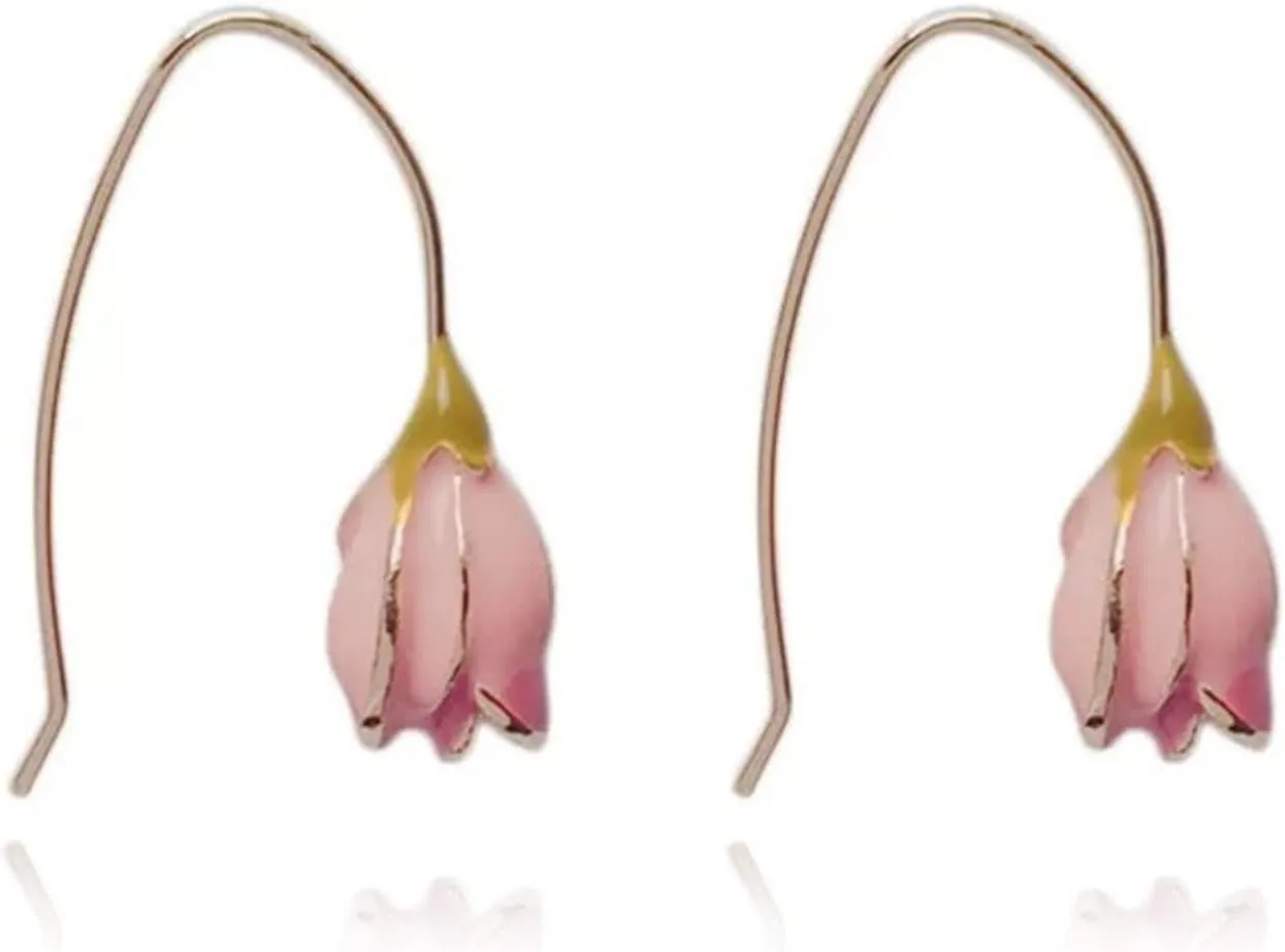 Vintage Pink Tulip Flower Earrings Tiny Dainty Rose Floret Bud Drop Dangle for Women Temperament Daily Jewelry