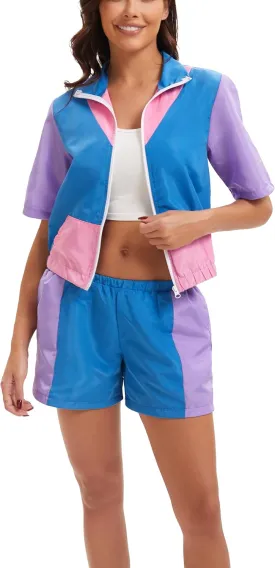 Womens 80s Tracksuit Retro Disco Color Block Zipper Sportswear 2 Piece Windbreaker Outfits Hip Hop Costume