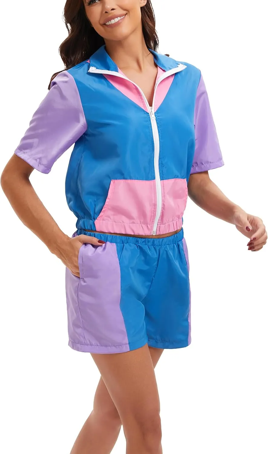 Womens 80s Tracksuit Retro Disco Color Block Zipper Sportswear 2 Piece Windbreaker Outfits Hip Hop Costume